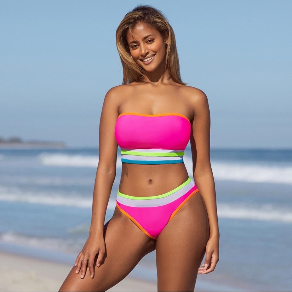 Neon color strapless bikini top and bottom.